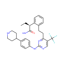 CC[C@H](C(N)=O)c1ccccc1CCc1nc(Nc2ccc(C3CCNCC3)cc2)ncc1C(F)(F)F ZINC000211073410