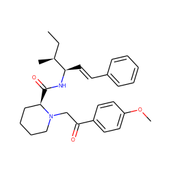 CC[C@H](C)[C@@H](/C=C/c1ccccc1)NC(=O)[C@@H]1CCCCN1CC(=O)c1ccc(OC)cc1 ZINC000026737330