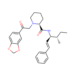 CC[C@H](C)[C@@H](/C=C/c1ccccc1)NC(=O)[C@@H]1CCCCN1CC(=O)c1ccc2c(c1)OCO2 ZINC000026743432