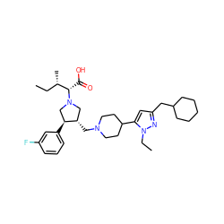 CC[C@H](C)[C@H](C(=O)O)N1C[C@H](CN2CCC(c3cc(CC4CCCCC4)nn3CC)CC2)[C@@H](c2cccc(F)c2)C1 ZINC000084587671