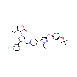 CC[C@H](C)[C@H](C(=O)O)N1C[C@H](CN2CCC(c3cc(Cc4ccc(OC(C)(C)C)cc4)nn3CC)CC2)[C@@H](c2cccc(F)c2)C1 ZINC000028086162