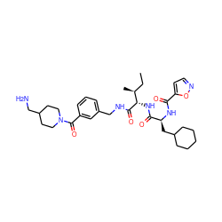 CC[C@H](C)[C@H](NC(=O)[C@H](CC1CCCCC1)NC(=O)c1ccno1)C(=O)NCc1cccc(C(=O)N2CCC(CN)CC2)c1 ZINC000064527010