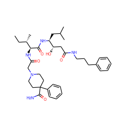 CC[C@H](C)[C@H](NC(=O)CN1CCC(C(N)=O)(c2ccccc2)CC1)C(=O)N[C@@H](CC(C)C)[C@@H](O)CC(=O)NCCCc1ccccc1 ZINC000026718541