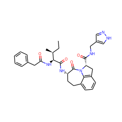 CC[C@H](C)[C@H](NC(=O)Cc1ccccc1)C(=O)N[C@H]1CCc2cccc3c2N(C1=O)[C@H](C(=O)NCc1cn[nH]c1)C3 ZINC000026281143