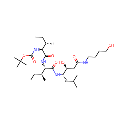 CC[C@H](C)[C@H](NC(=O)OC(C)(C)C)C(=O)N[C@H](C(=O)N[C@@H](CC(C)C)[C@@H](O)CC(=O)NCCCCO)[C@@H](C)CC ZINC000027524511