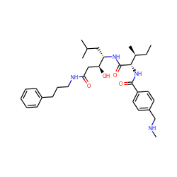 CC[C@H](C)[C@H](NC(=O)c1ccc(CNC)cc1)C(=O)N[C@@H](CC(C)C)[C@@H](O)CC(=O)NCCCc1ccccc1 ZINC000026675420