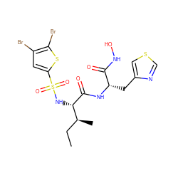 CC[C@H](C)[C@H](NS(=O)(=O)c1cc(Br)c(Br)s1)C(=O)N[C@@H](Cc1cscn1)C(=O)NO ZINC000026569240