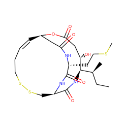 CC[C@H](C)[C@H]1NC(=O)[C@H]2CSSCC/C=C/[C@H](CC(=O)N[C@H](CCSC)C(=O)N2)OC(=O)C[C@@H]1O ZINC000072125220