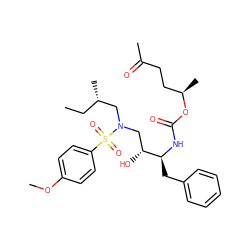 CC[C@H](C)CN(C[C@@H](O)[C@H](Cc1ccccc1)NC(=O)O[C@H](C)CCC(C)=O)S(=O)(=O)c1ccc(OC)cc1 ZINC000095553988