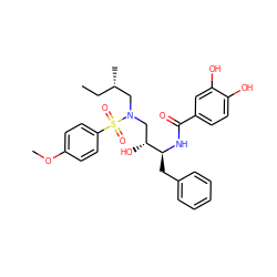 CC[C@H](C)CN(C[C@@H](O)[C@H](Cc1ccccc1)NC(=O)c1ccc(O)c(O)c1)S(=O)(=O)c1ccc(OC)cc1 ZINC000044417583