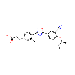 CC[C@H](C)Oc1ccc(-c2nc(-c3ccc(CCC(=O)O)cc3C)no2)cc1C#N ZINC000038157806