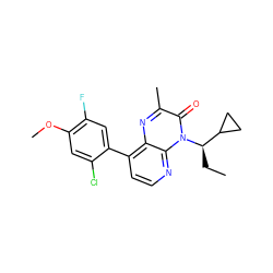 CC[C@H](C1CC1)n1c(=O)c(C)nc2c(-c3cc(F)c(OC)cc3Cl)ccnc21 ZINC000003942991