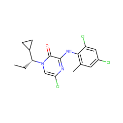 CC[C@H](C1CC1)n1cc(Cl)nc(Nc2c(C)cc(Cl)cc2Cl)c1=O ZINC000043014261