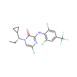 CC[C@H](C1CC1)n1cc(Cl)nc(Nc2c(Cl)cc(C(F)(F)F)cc2Cl)c1=O ZINC000043123175