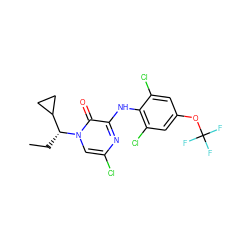 CC[C@H](C1CC1)n1cc(Cl)nc(Nc2c(Cl)cc(OC(F)(F)F)cc2Cl)c1=O ZINC000043123207