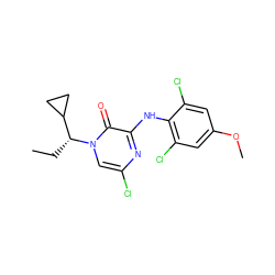 CC[C@H](C1CC1)n1cc(Cl)nc(Nc2c(Cl)cc(OC)cc2Cl)c1=O ZINC000043074926