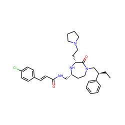 CC[C@H](CN1CC[C@H](CNC(=O)/C=C/c2ccc(Cl)cc2)N[C@H](CCN2CCCC2)C1=O)c1ccccc1 ZINC000206903967