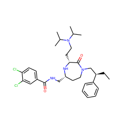 CC[C@H](CN1CC[C@H](CNC(=O)c2ccc(Cl)c(Cl)c2)N[C@H](CCN(C(C)C)C(C)C)C1=O)c1ccccc1 ZINC000206901561