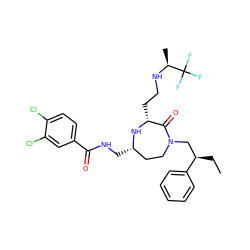 CC[C@H](CN1CC[C@H](CNC(=O)c2ccc(Cl)c(Cl)c2)N[C@H](CCN[C@@H](C)C(F)(F)F)C1=O)c1ccccc1 ZINC000206891146