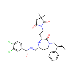 CC[C@H](CN1CC[C@H](CNC(=O)c2ccc(Cl)c(Cl)c2)N[C@H](CCN2C(=O)CC(C)(C)C2=O)C1=O)c1ccccc1 ZINC000206887355