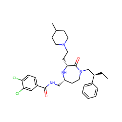 CC[C@H](CN1CC[C@H](CNC(=O)c2ccc(Cl)c(Cl)c2)N[C@H](CCN2CCC(C)CC2)C1=O)c1ccccc1 ZINC000206881412