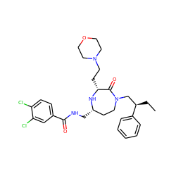 CC[C@H](CN1CC[C@H](CNC(=O)c2ccc(Cl)c(Cl)c2)N[C@H](CCN2CCOCC2)C1=O)c1ccccc1 ZINC000206909486