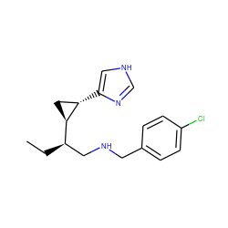 CC[C@H](CNCc1ccc(Cl)cc1)[C@H]1C[C@@H]1c1c[nH]cn1 ZINC000049124767