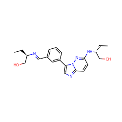 CC[C@H](CO)/N=C/c1cccc(-c2cnc3ccc(N[C@H](CC)CO)nn23)c1 ZINC001772625504