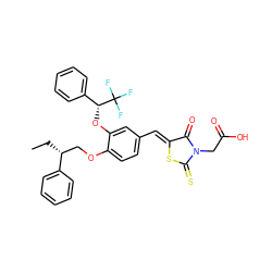 CC[C@H](COc1ccc(/C=C2\SC(=S)N(CC(=O)O)C2=O)cc1O[C@H](c1ccccc1)C(F)(F)F)c1ccccc1 ZINC000028347897