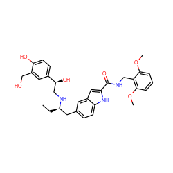 CC[C@H](Cc1ccc2[nH]c(C(=O)NCc3c(OC)cccc3OC)cc2c1)NC[C@H](O)c1ccc(O)c(CO)c1 ZINC000028825094