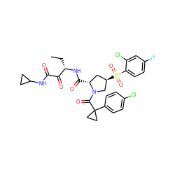 CC[C@H](NC(=O)[C@@H]1C[C@@H](S(=O)(=O)c2ccc(F)cc2Cl)CN1C(=O)C1(c2ccc(Cl)cc2)CC1)C(=O)C(=O)NC1CC1 ZINC000169702120