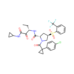 CC[C@H](NC(=O)[C@@H]1C[C@@H](S(=O)(=O)c2ccccc2C(F)(F)F)CN1C(=O)C1(c2ccc(Cl)cc2)CC1)C(=O)C(=O)NC1CC1 ZINC000169702103