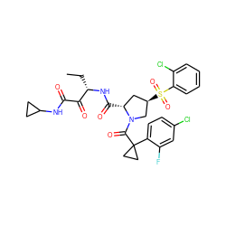 CC[C@H](NC(=O)[C@@H]1C[C@@H](S(=O)(=O)c2ccccc2Cl)CN1C(=O)C1(c2ccc(Cl)cc2F)CC1)C(=O)C(=O)NC1CC1 ZINC000169702095
