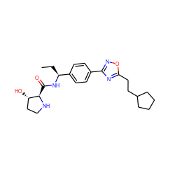 CC[C@H](NC(=O)[C@H]1NCC[C@@H]1O)c1ccc(-c2noc(CCC3CCCC3)n2)cc1 ZINC000058506220