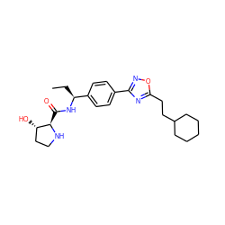 CC[C@H](NC(=O)[C@H]1NCC[C@@H]1O)c1ccc(-c2noc(CCC3CCCCC3)n2)cc1 ZINC000058506210