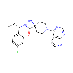 CC[C@H](NC(=O)C1(N)CCN(c2ncnc3[nH]ccc23)CC1)c1ccc(Cl)cc1 ZINC000095583188