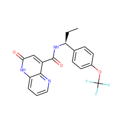 CC[C@H](NC(=O)c1cc(=O)[nH]c2cccnc12)c1ccc(OC(F)(F)F)cc1 ZINC001772628015