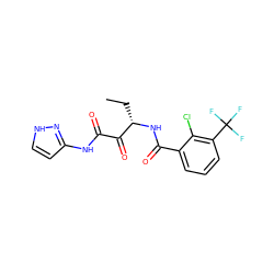 CC[C@H](NC(=O)c1cccc(C(F)(F)F)c1Cl)C(=O)C(=O)Nc1cc[nH]n1 ZINC000064559537