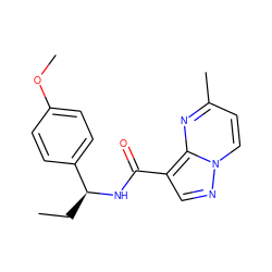 CC[C@H](NC(=O)c1cnn2ccc(C)nc12)c1ccc(OC)cc1 ZINC000068651031