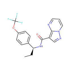 CC[C@H](NC(=O)c1cnn2cccnc12)c1ccc(OC(F)(F)F)cc1 ZINC001772646020