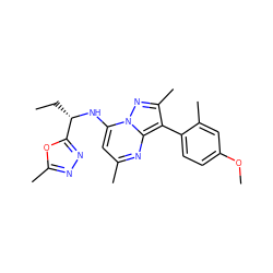 CC[C@H](Nc1cc(C)nc2c(-c3ccc(OC)cc3C)c(C)nn12)c1nnc(C)o1 ZINC000064559283