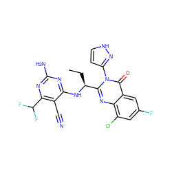 CC[C@H](Nc1nc(N)nc(C(F)F)c1C#N)c1nc2c(Cl)cc(F)cc2c(=O)n1-c1cc[nH]n1 ZINC001772614150