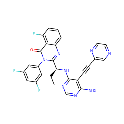 CC[C@H](Nc1ncnc(N)c1C#Cc1cnccn1)c1nc2cccc(F)c2c(=O)n1-c1cc(F)cc(F)c1 ZINC000219059009