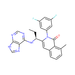 CC[C@H](Nc1ncnc2[nH]cnc12)c1cc2cccc(C)c2c(=O)n1-c1cc(F)cc(F)c1 ZINC000088346145