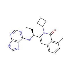 CC[C@H](Nc1ncnc2[nH]cnc12)c1cc2cccc(C)c2c(=O)n1C1CCC1 ZINC000088345624