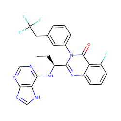 CC[C@H](Nc1ncnc2nc[nH]c12)c1nc2cccc(F)c2c(=O)n1-c1cccc(CC(F)(F)F)c1 ZINC000218670410