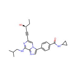 CC[C@H](O)C#Cc1cn2c(-c3ccc(C(=O)NC4CC4)cc3)cnc2c(NCC(C)C)n1 ZINC000199112915