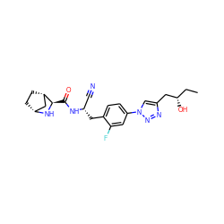 CC[C@H](O)Cc1cn(-c2ccc(C[C@@H](C#N)NC(=O)[C@H]3N[C@@H]4CC[C@H]3C4)c(F)c2)nn1 ZINC000219321201