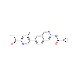 CC[C@H](O)c1cc(C)c(-c2ccc3cc(NC(=O)C4CC4)ncc3c2)cn1 ZINC000144303553