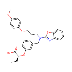 CC[C@H](Oc1cccc(CN(CCCOc2ccc(OC)cc2)c2nc3ccccc3o2)c1)C(=O)O ZINC000028900764